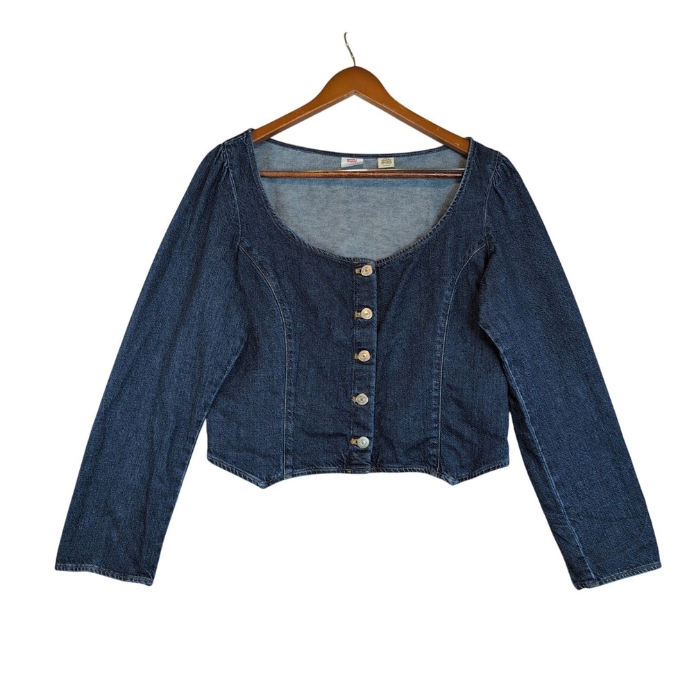Levis Struass Denim Corset Blouse Button Long Sleeve Cropped Top Dark Wash XL